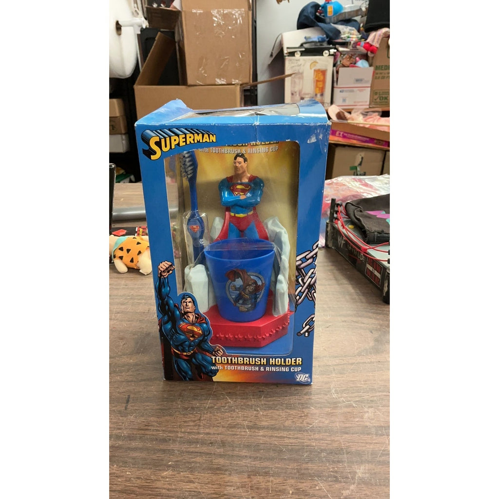 RARE Superman Toothbrush Holder, Toothbrush, and Rinse Cup. Damaged Box