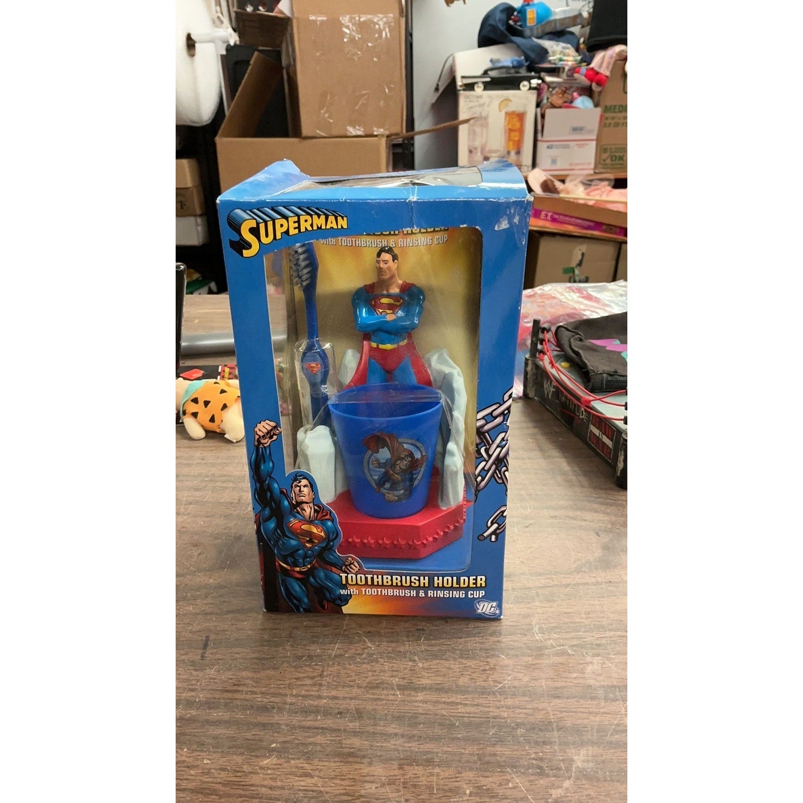 RARE Superman Toothbrush Holder, Toothbrush, and Rinse Cup. Damaged Box