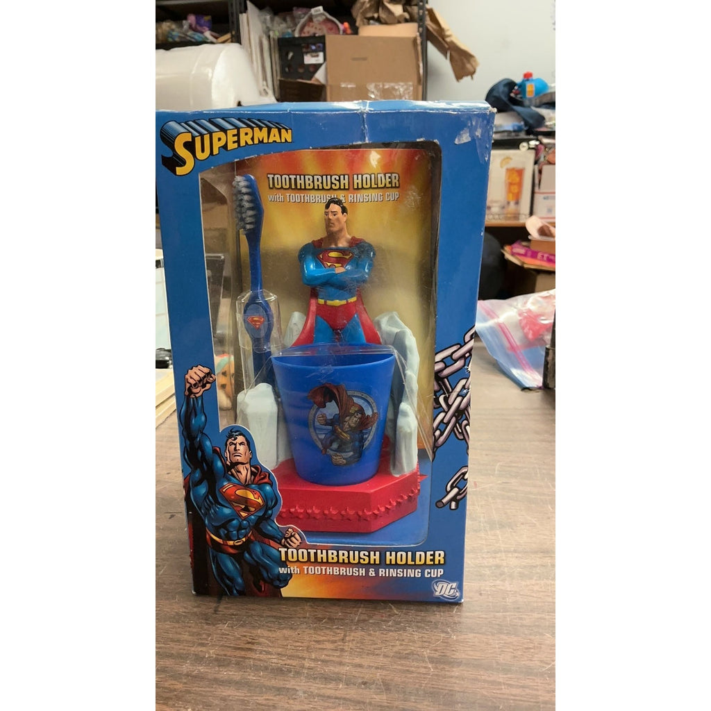 RARE Superman Toothbrush Holder, Toothbrush, and Rinse Cup. Damaged Box