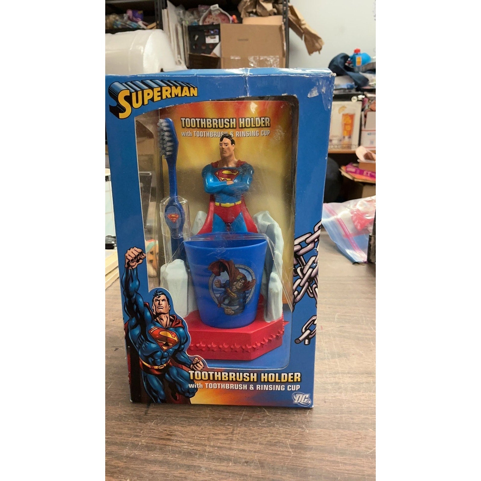 RARE Superman Toothbrush Holder, Toothbrush, and Rinse Cup. Damaged Box