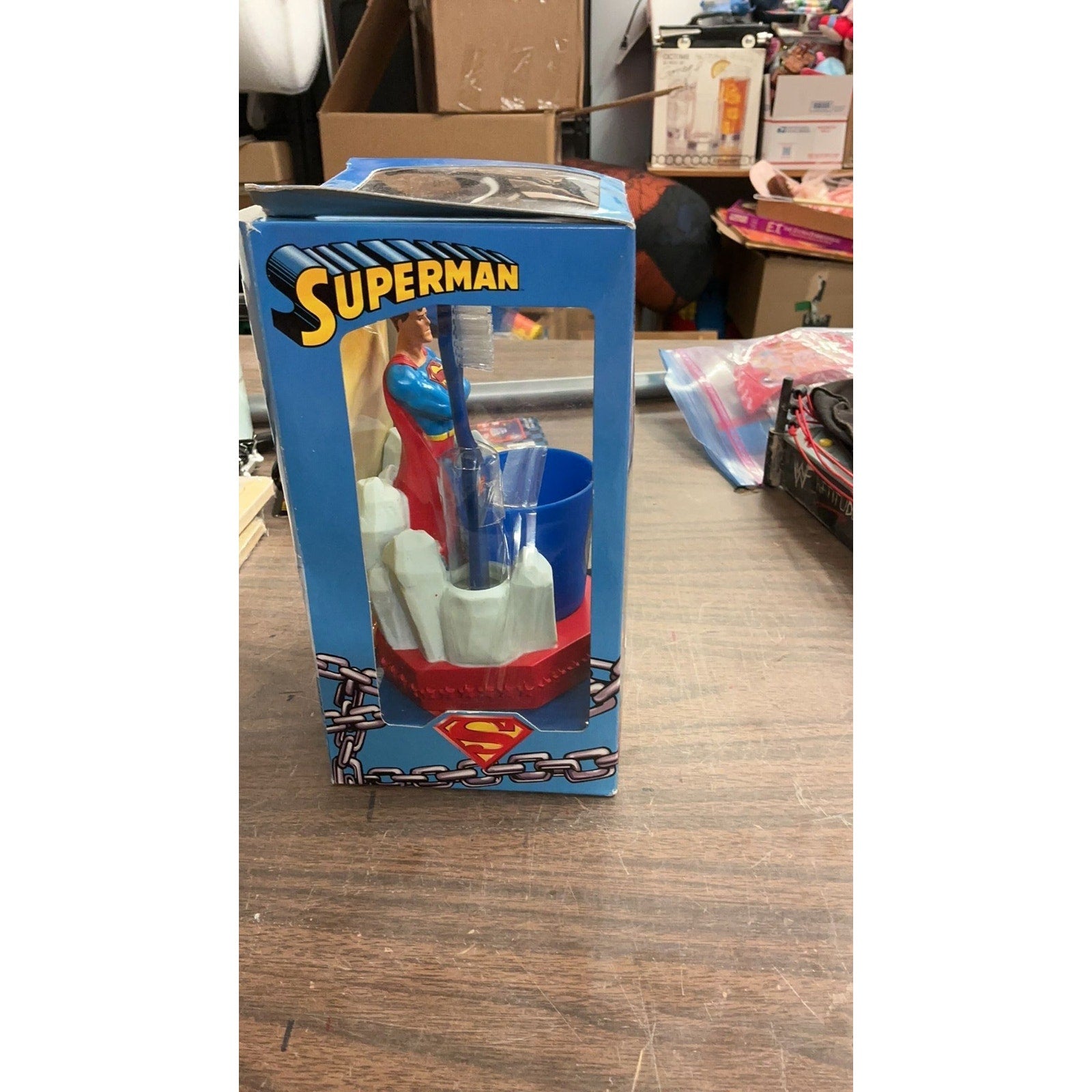 RARE Superman Toothbrush Holder, Toothbrush, and Rinse Cup. Damaged Box