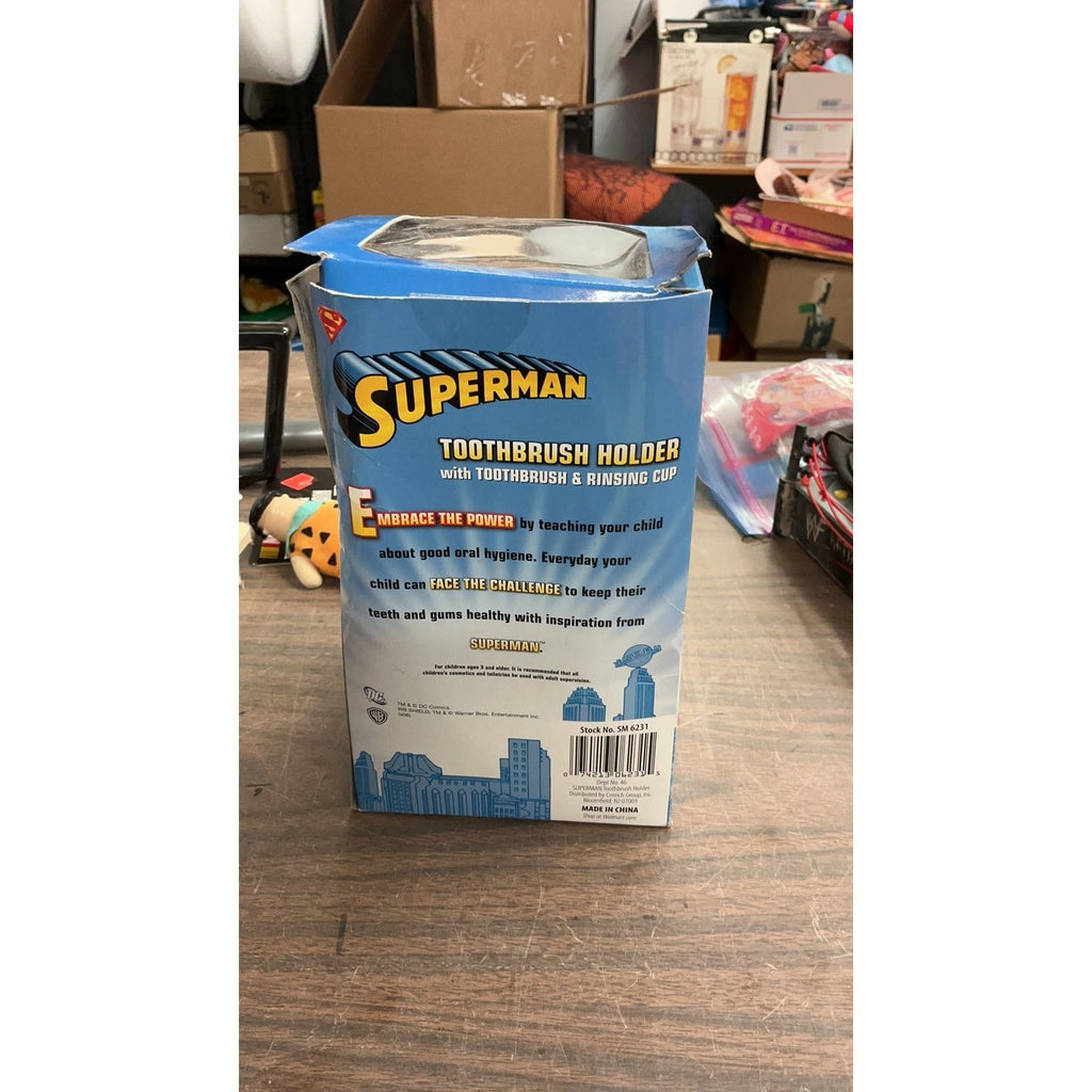 RARE Superman Toothbrush Holder, Toothbrush, and Rinse Cup. Damaged Box