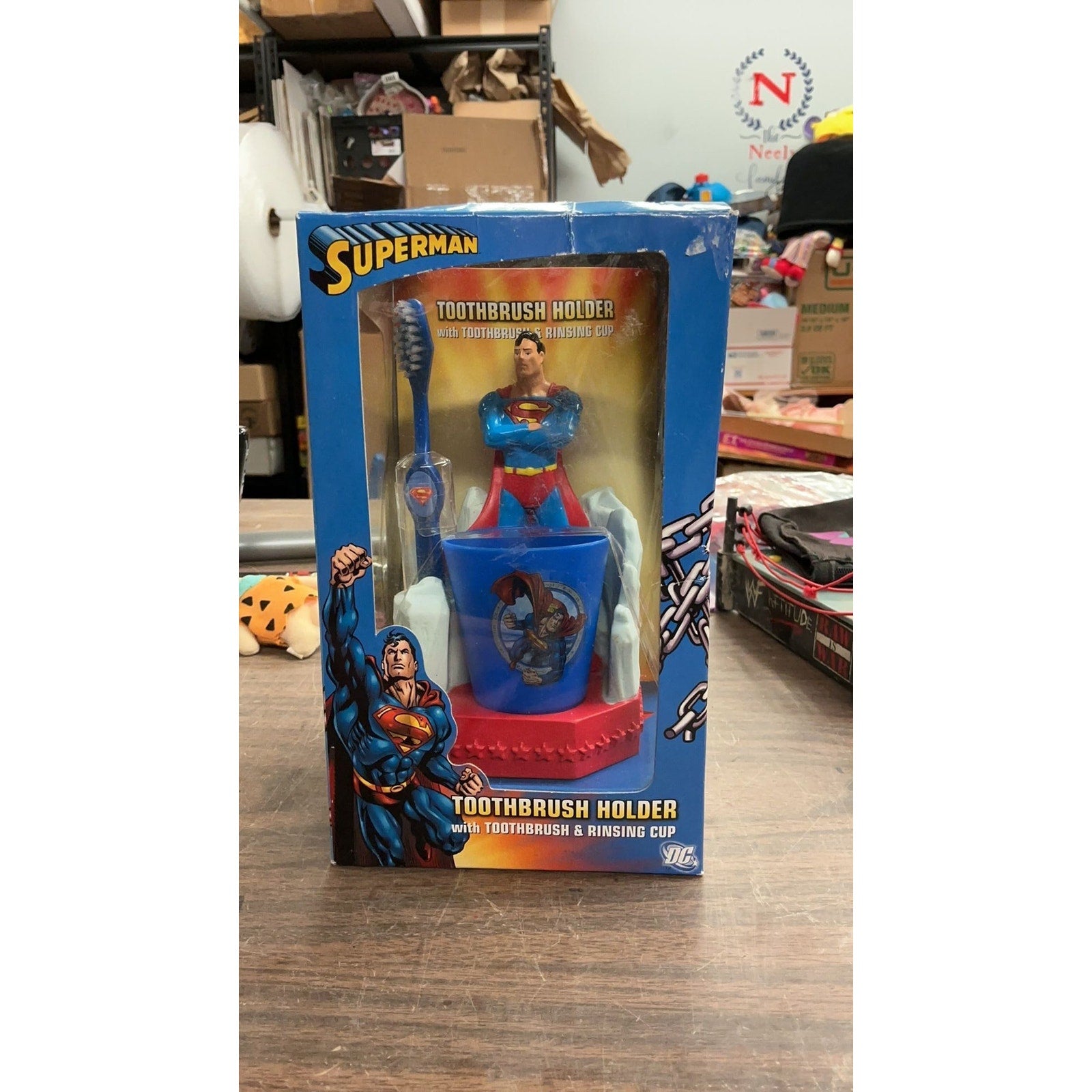 RARE Superman Toothbrush Holder, Toothbrush, and Rinse Cup. Damaged Box