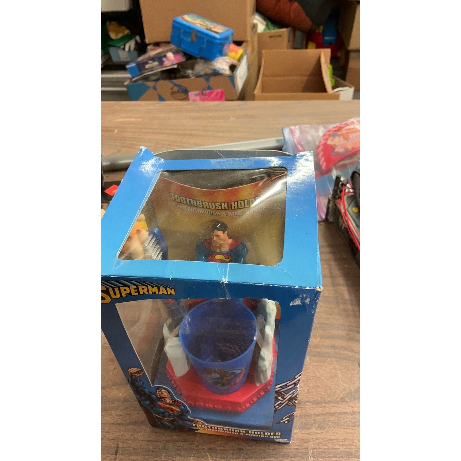 RARE Superman Toothbrush Holder, Toothbrush, and Rinse Cup. Damaged Box