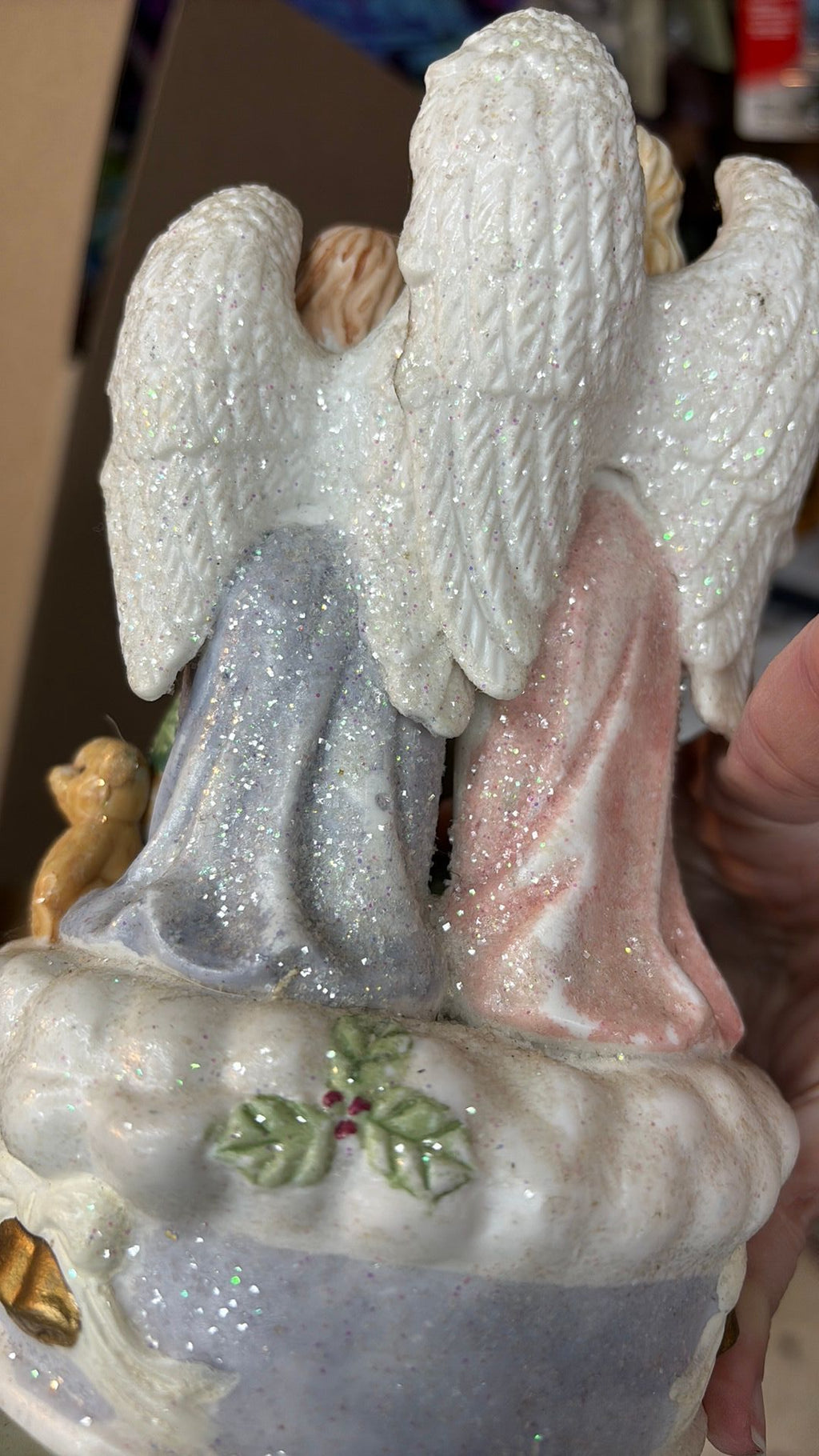 Ceramic Christmas Angels Music Box - Works - One angle has damage