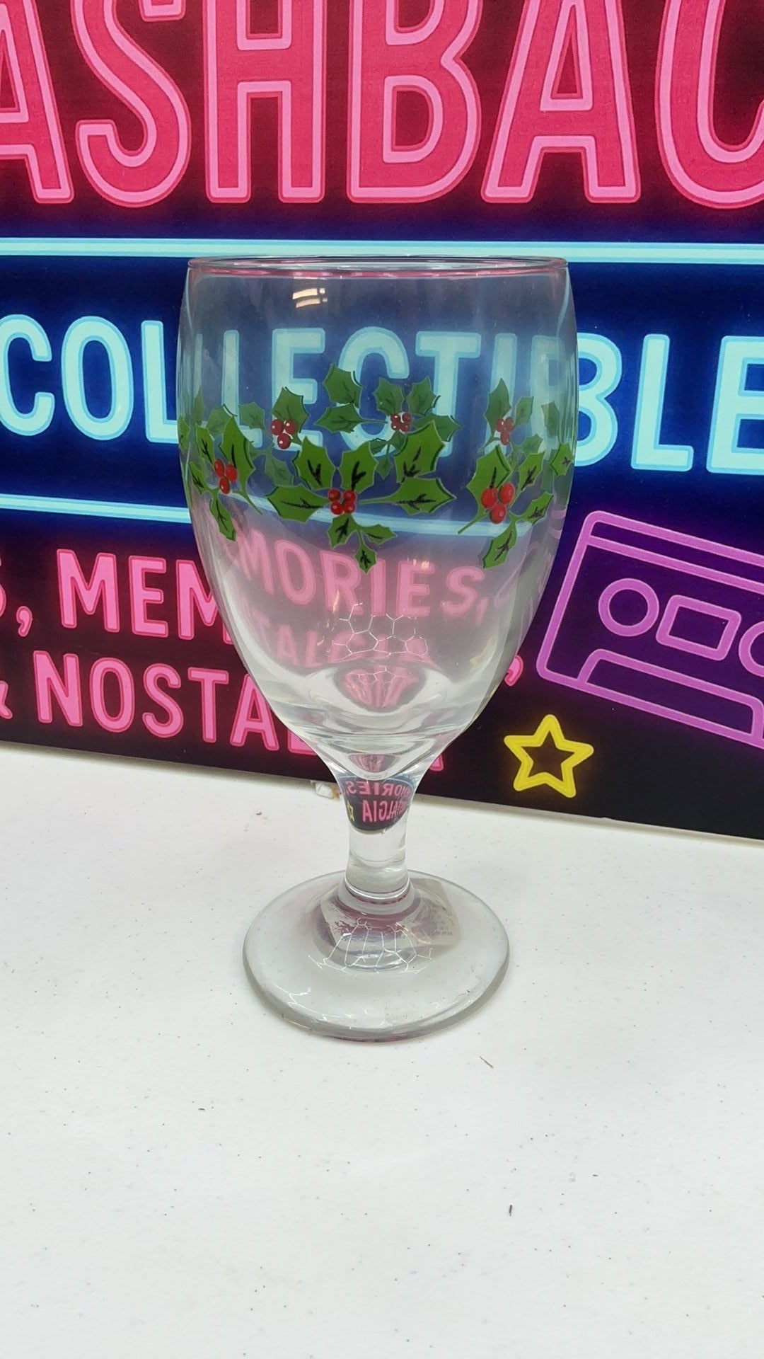 11C- Vintage MCM Christmas Glass Goblet- Holly & Berries- Pontil ~ 7" Tall 3 1/4" DIA