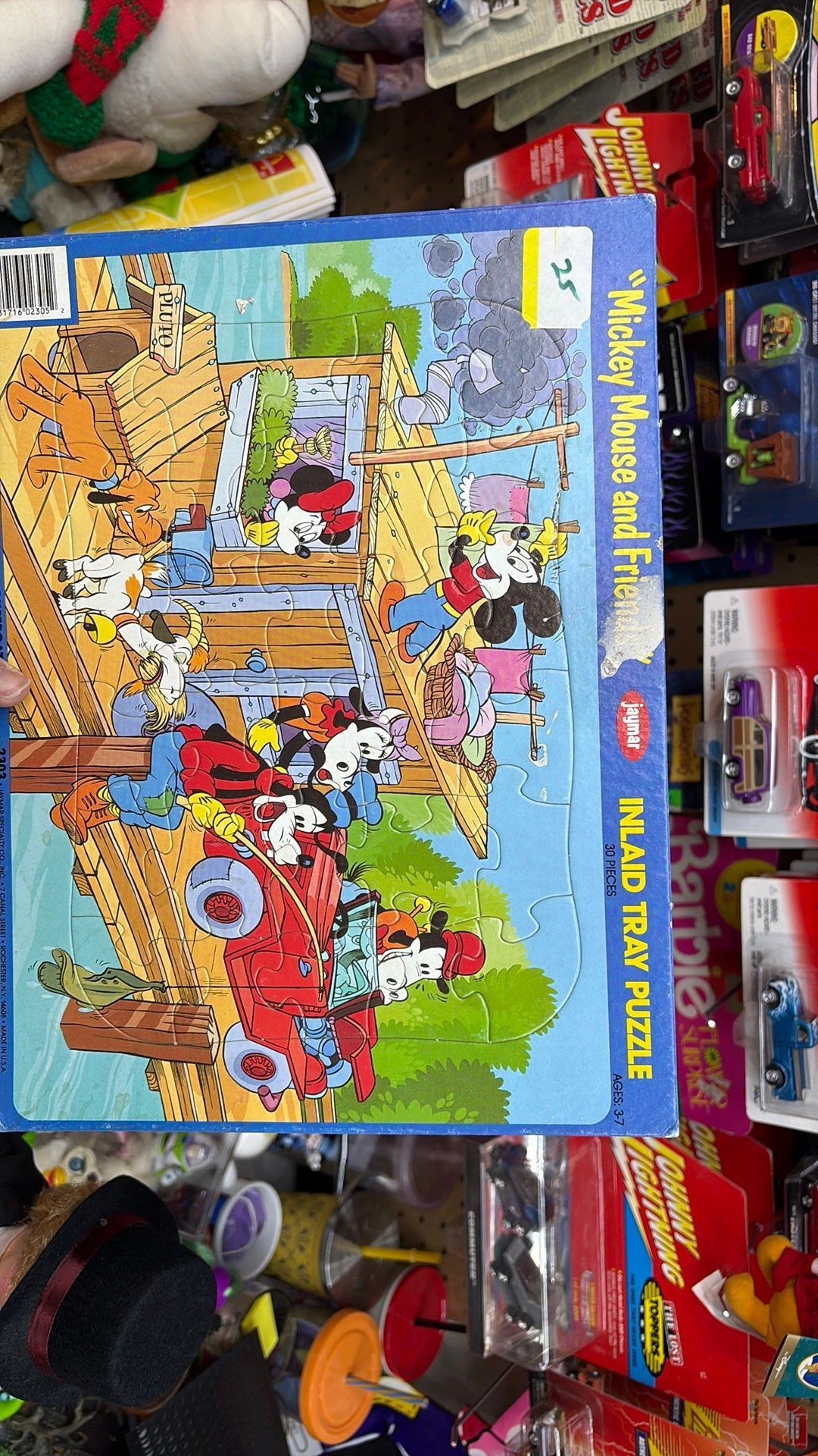 3C - Vintage Disney Jaymar Inlaid Tray Puzzle Mickey Mouse and Friends Fishing 2303 - has a sticker on it