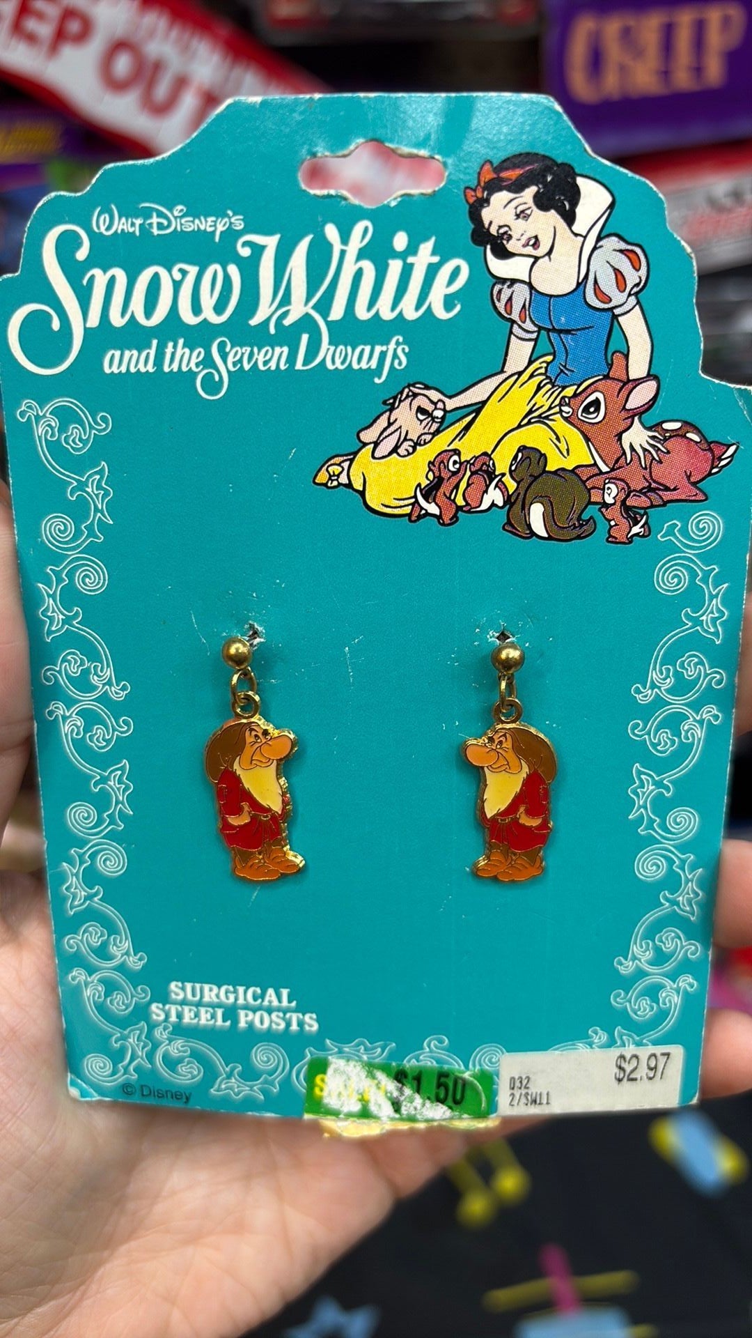 Vintage Snow White & the 7 Dwarfs Earrings rare  - Grumpy