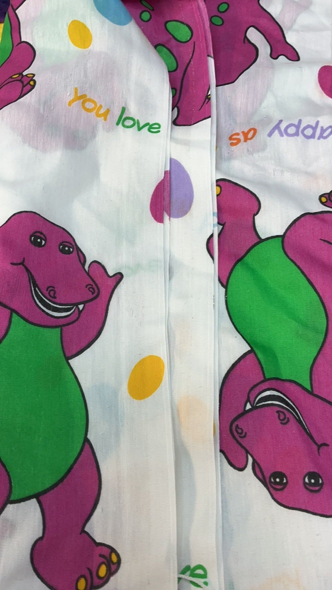 11D- Vintage BARNEY Twin Flat Sheet Purple Dinosaur Bedding 1992 Used