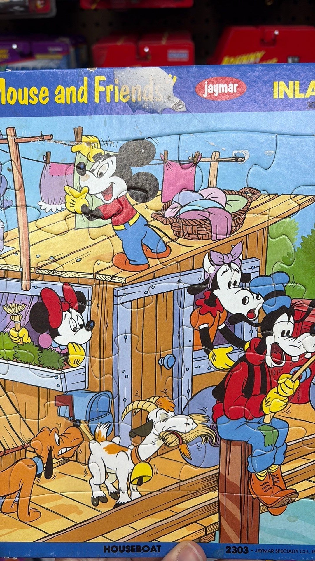 3C - Vintage Disney Jaymar Inlaid Tray Puzzle Mickey Mouse and Friends Fishing 2303 - has a sticker on it