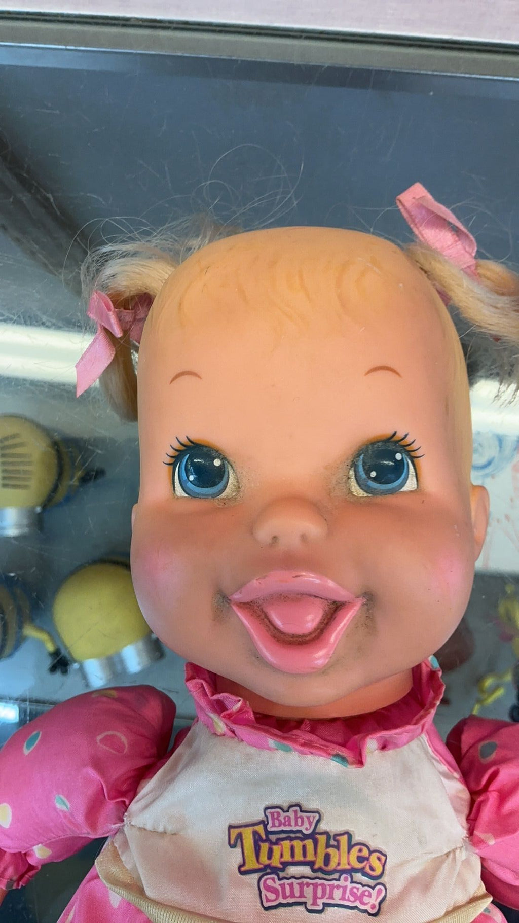8D- 1995 Baby Tumbles Surprise 14” Doll Toy Biz Blonde NEEDS CLEANED