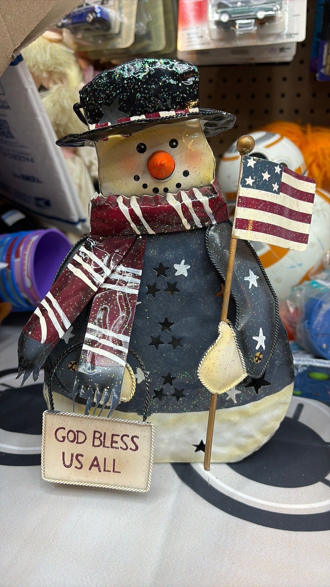 Tin Patriotic Snowman Tea Candle Lantern Holder 10" Christmas Holiday Decor
