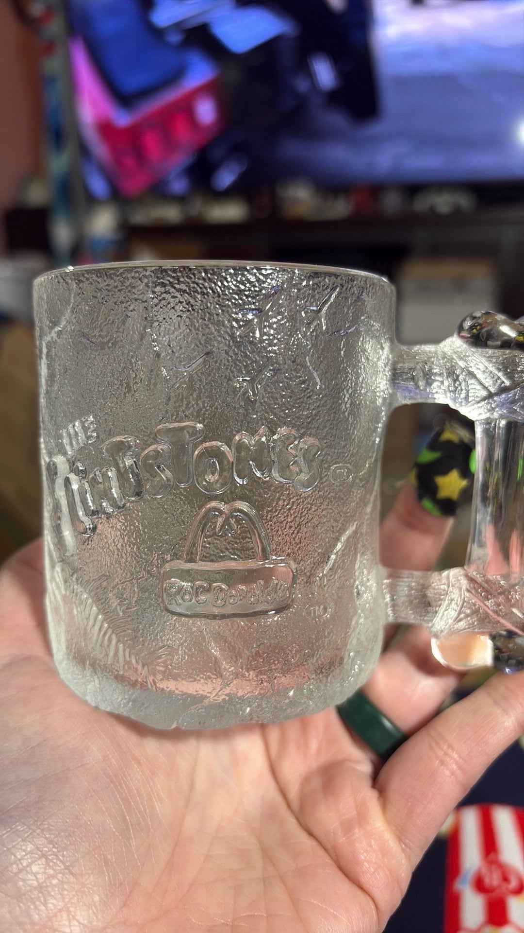 McDonalds Flintstones Glass Mug Cup 1993 Clear Frosted Pre-Dawn RocDonalds - 3B