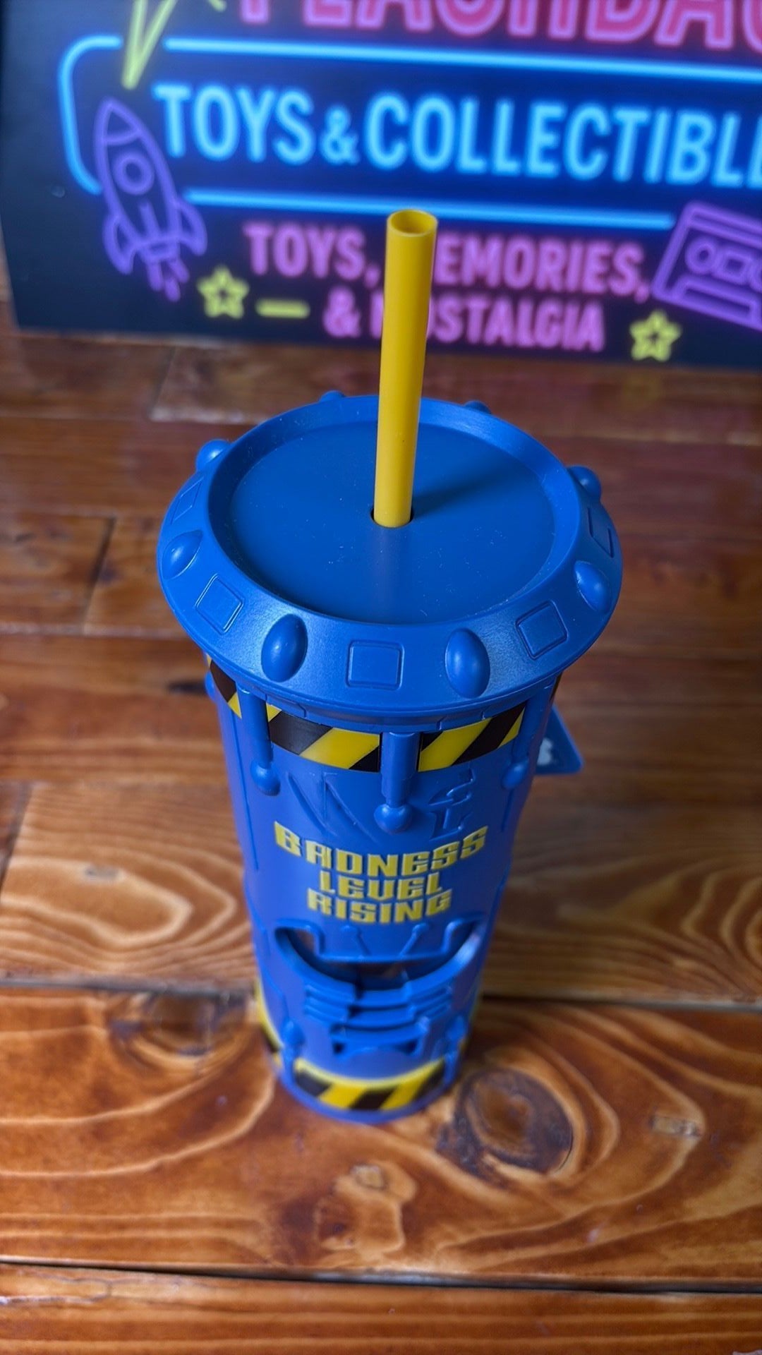 6B- Disney Stitch Blue Plastic Tumbler Bottle Cup w/ Straw "Badness Level Rising" new with tag