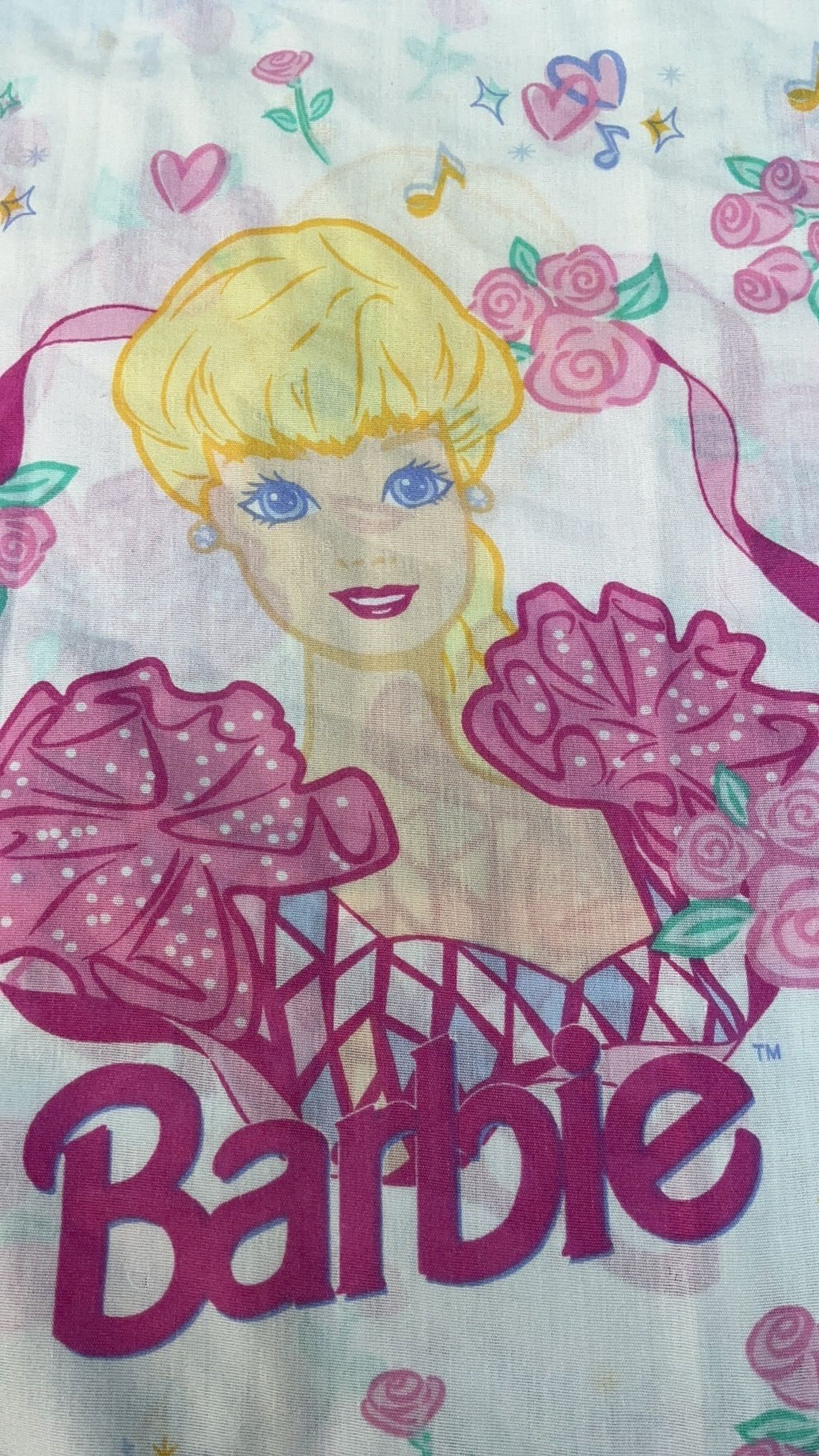 14C2- VTG BARBIE PILLOWCASE Standard 1995 Dan River USA Hearts Roses Pink White