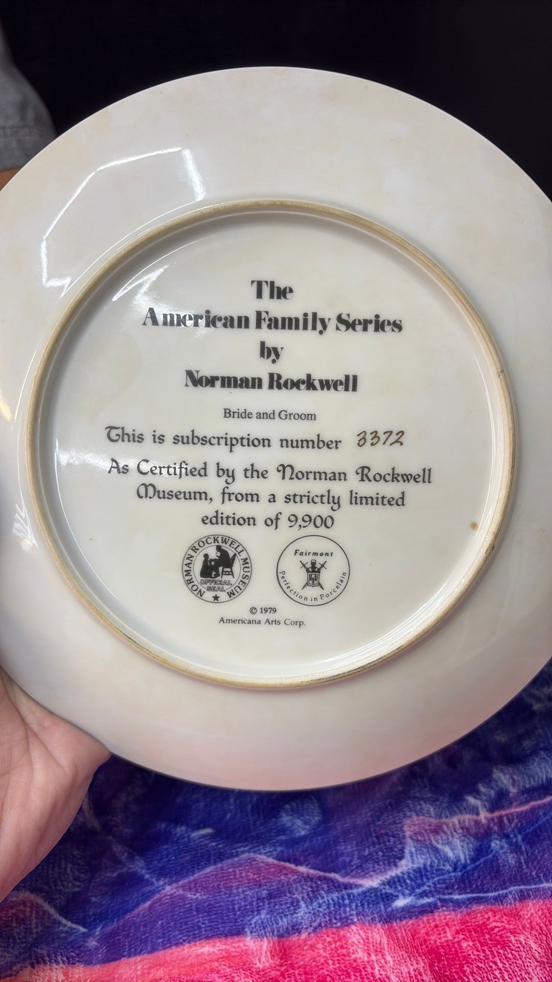 11B- 1979 Vtg. Norman Rockwell "Bride and Groom" collector plate, American Family Series,