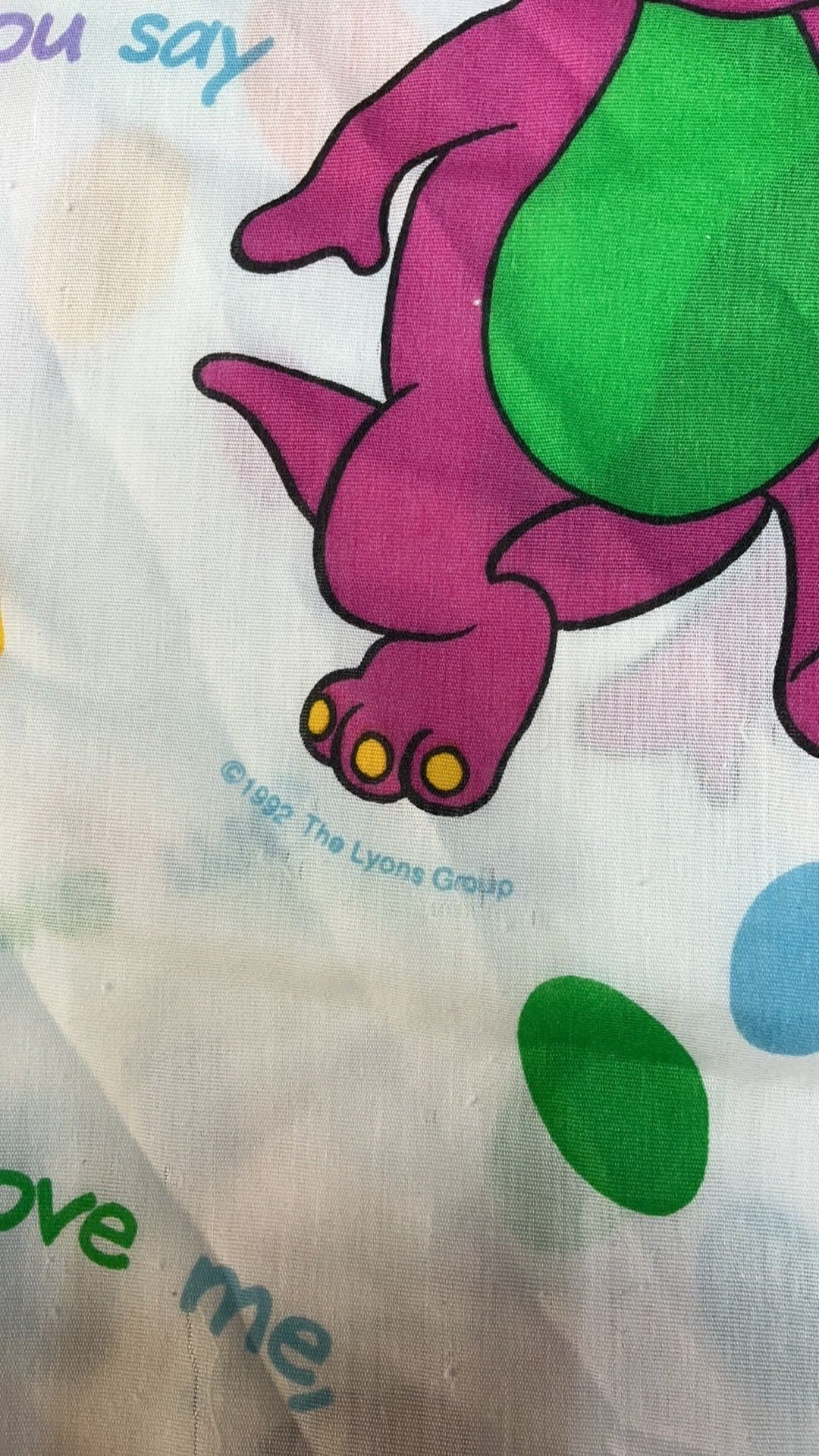 11D- Vintage BARNEY Twin Flat Sheet Purple Dinosaur Bedding 1992 Used