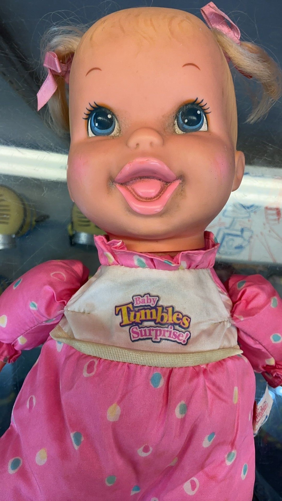 8D- 1995 Baby Tumbles Surprise 14” Doll Toy Biz Blonde NEEDS CLEANED