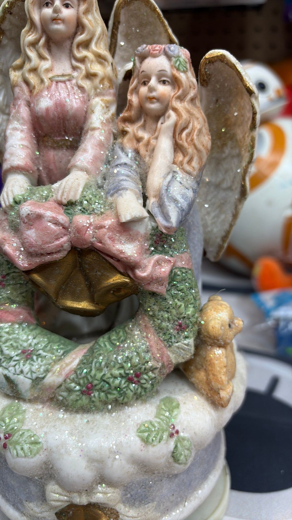 Ceramic Christmas Angels Music Box - Works - One angle has damage