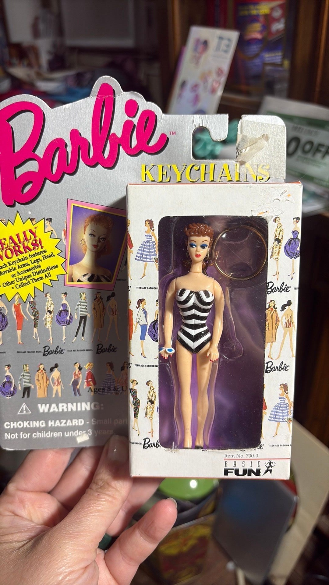 PR2- 1995 Barbie Brunette Keychain 1959 Swimsuit Doll Miniature Basic Fun #700-0 NIB
