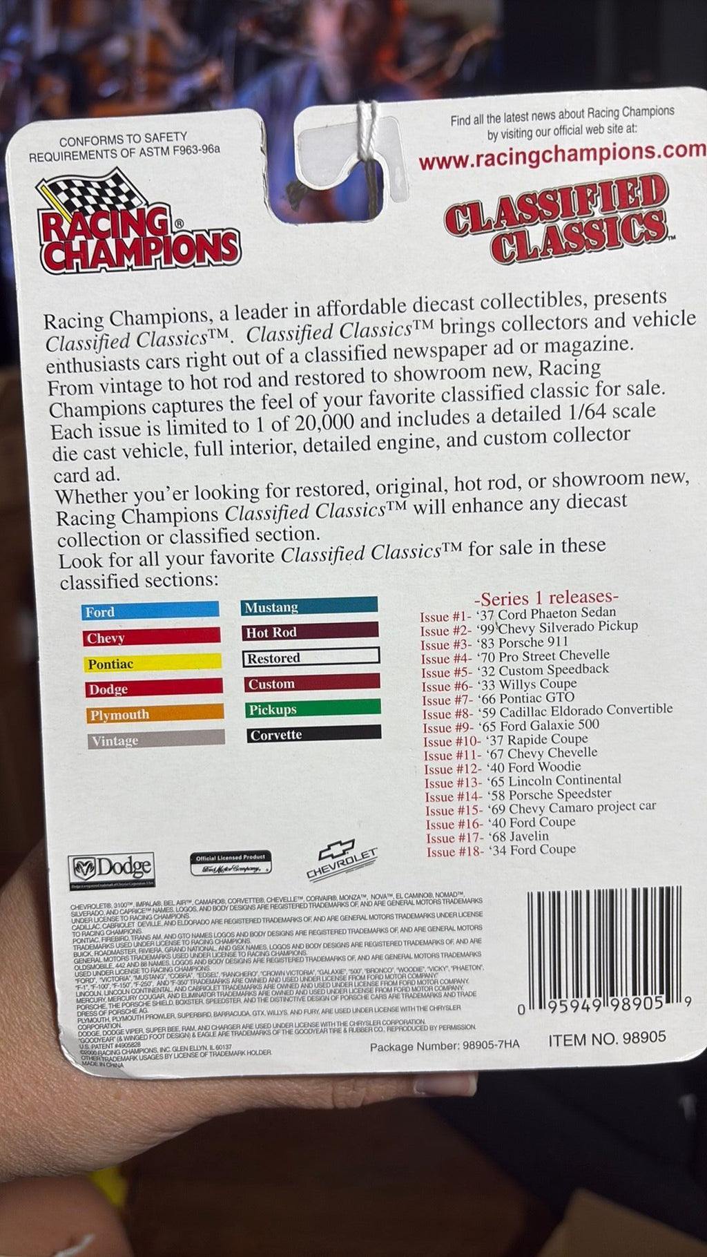 62 Racing Champions Classified Classics ‘39 Chevy Coupe Hot Rod New On Card 2000