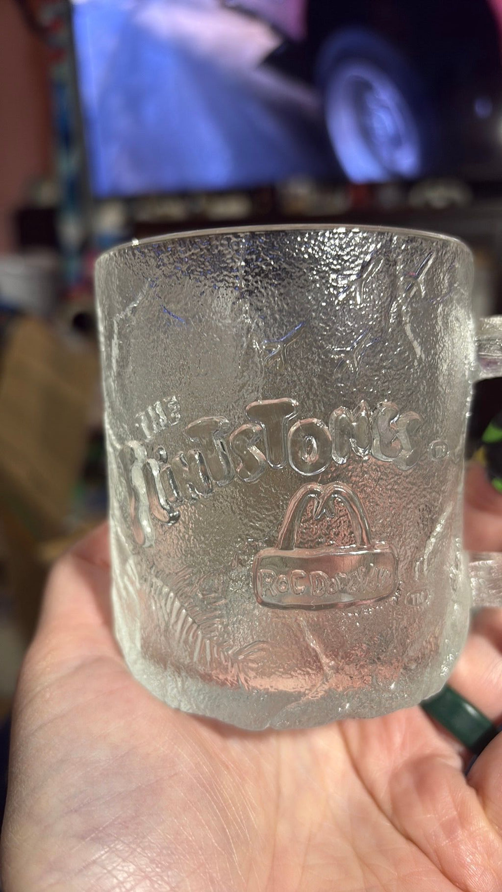 McDonalds Flintstones Glass Mug Cup 1993 Clear Frosted Pre-Dawn RocDonalds - 3B
