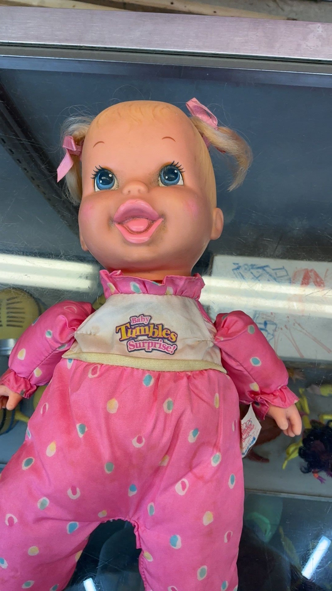 8D- 1995 Baby Tumbles Surprise 14” Doll Toy Biz Blonde NEEDS CLEANED