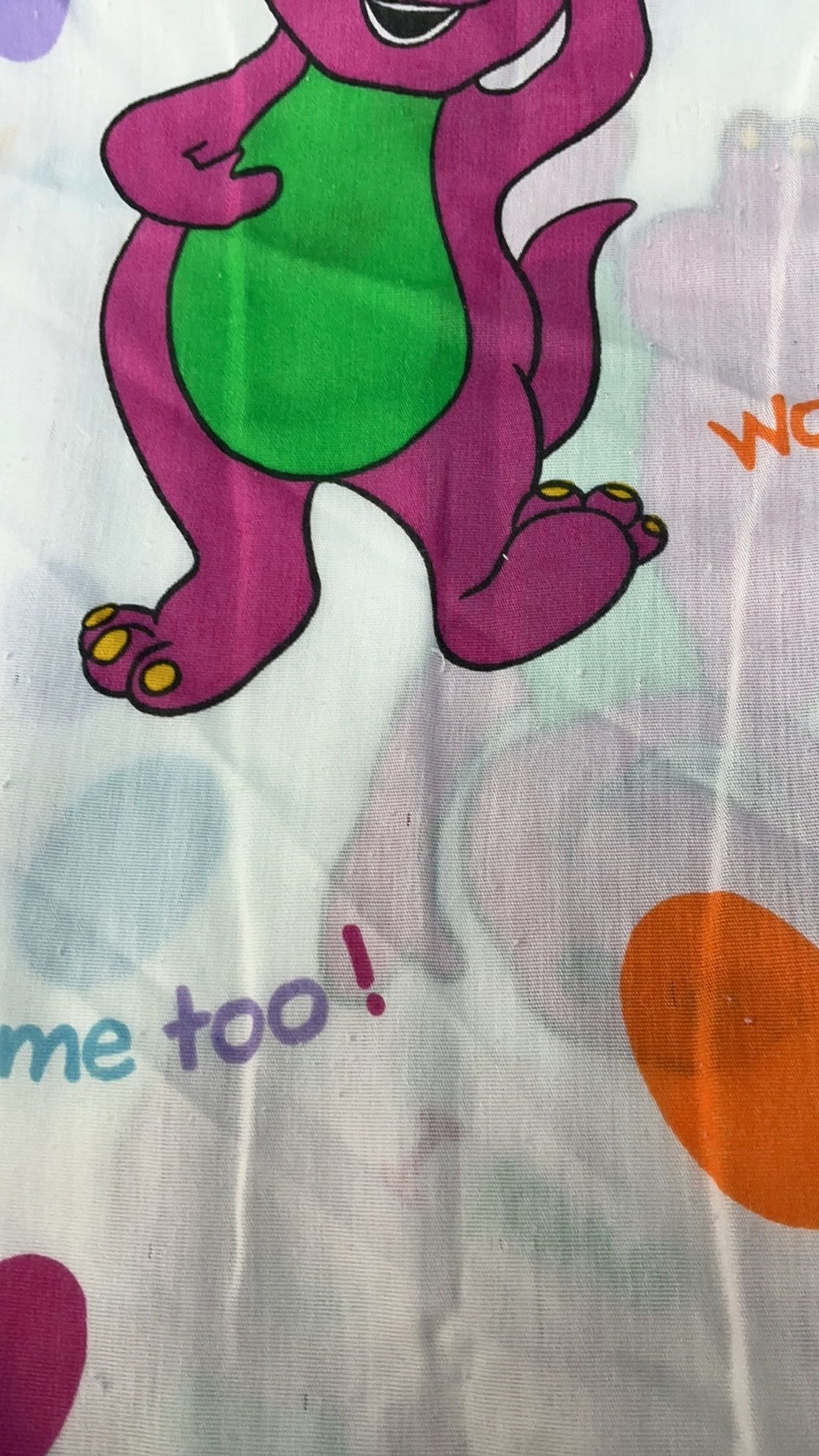 11D- Vintage BARNEY Twin Flat Sheet Purple Dinosaur Bedding 1992 Used