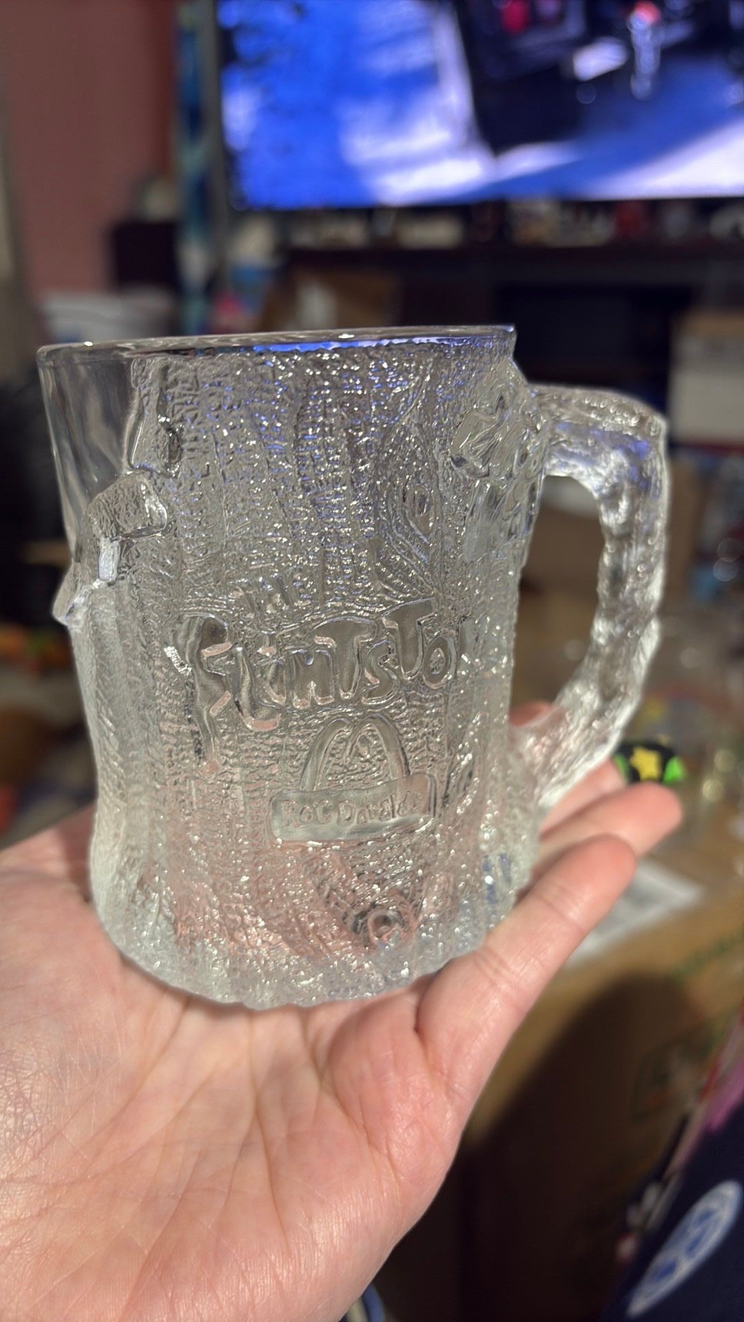 McDonalds Flintstones Treemendous Glass Mug Cup Clear Frosted RocDonalds 1993 - 3B