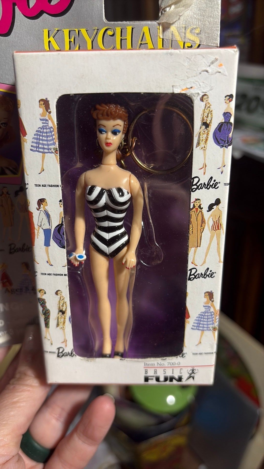 PR2- 1995 Barbie Brunette Keychain 1959 Swimsuit Doll Miniature Basic Fun #700-0 NIB