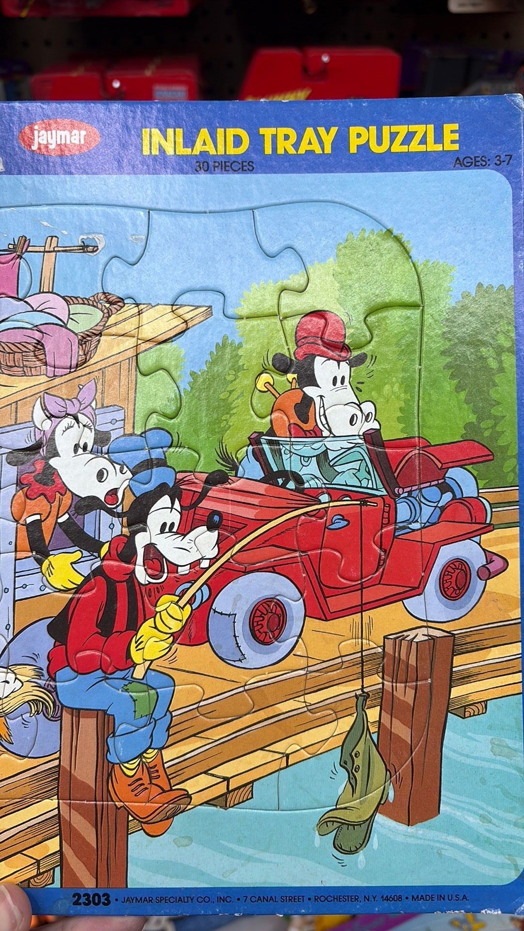 3C - Vintage Disney Jaymar Inlaid Tray Puzzle Mickey Mouse and Friends Fishing 2303 - has a sticker on it