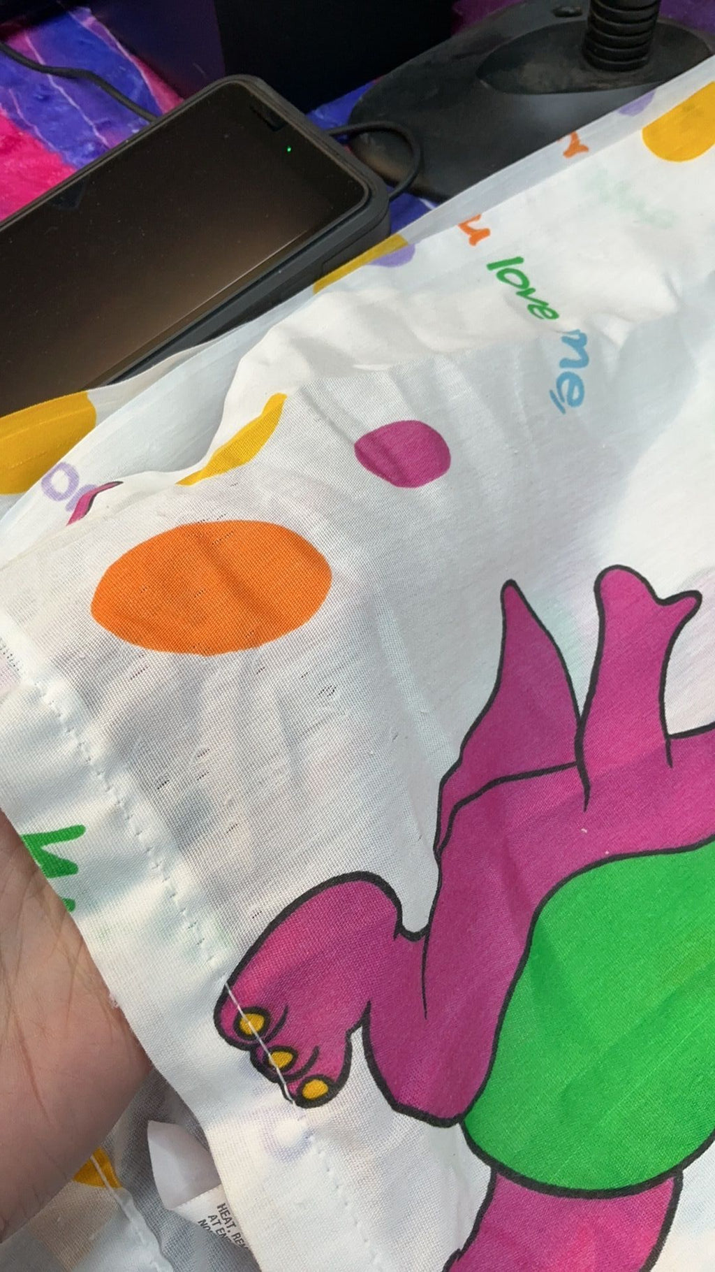 11D- Vintage BARNEY Twin Flat Sheet Purple Dinosaur Bedding 1992 Used