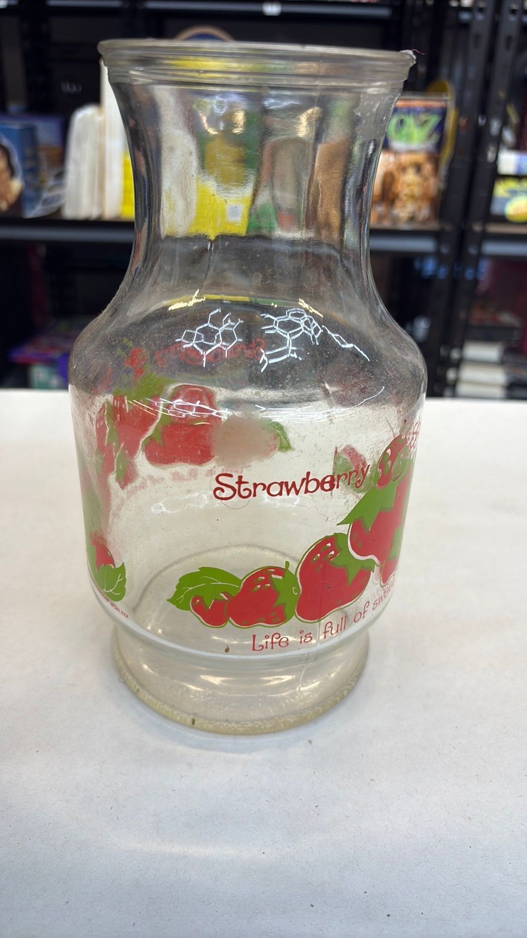 11B- Vintage Anchor Hocking Glass 1980 Strawberry Shortcake 52 oz. Carafe - needs cleaned