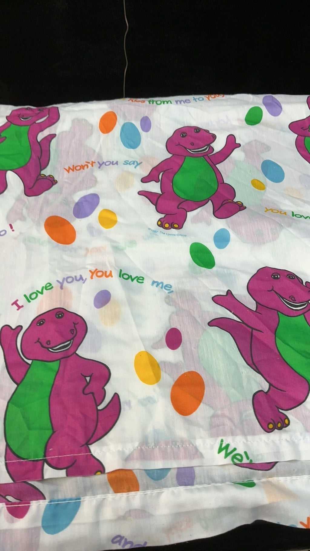 11D- Vintage BARNEY Twin Flat Sheet Purple Dinosaur Bedding 1992 Used