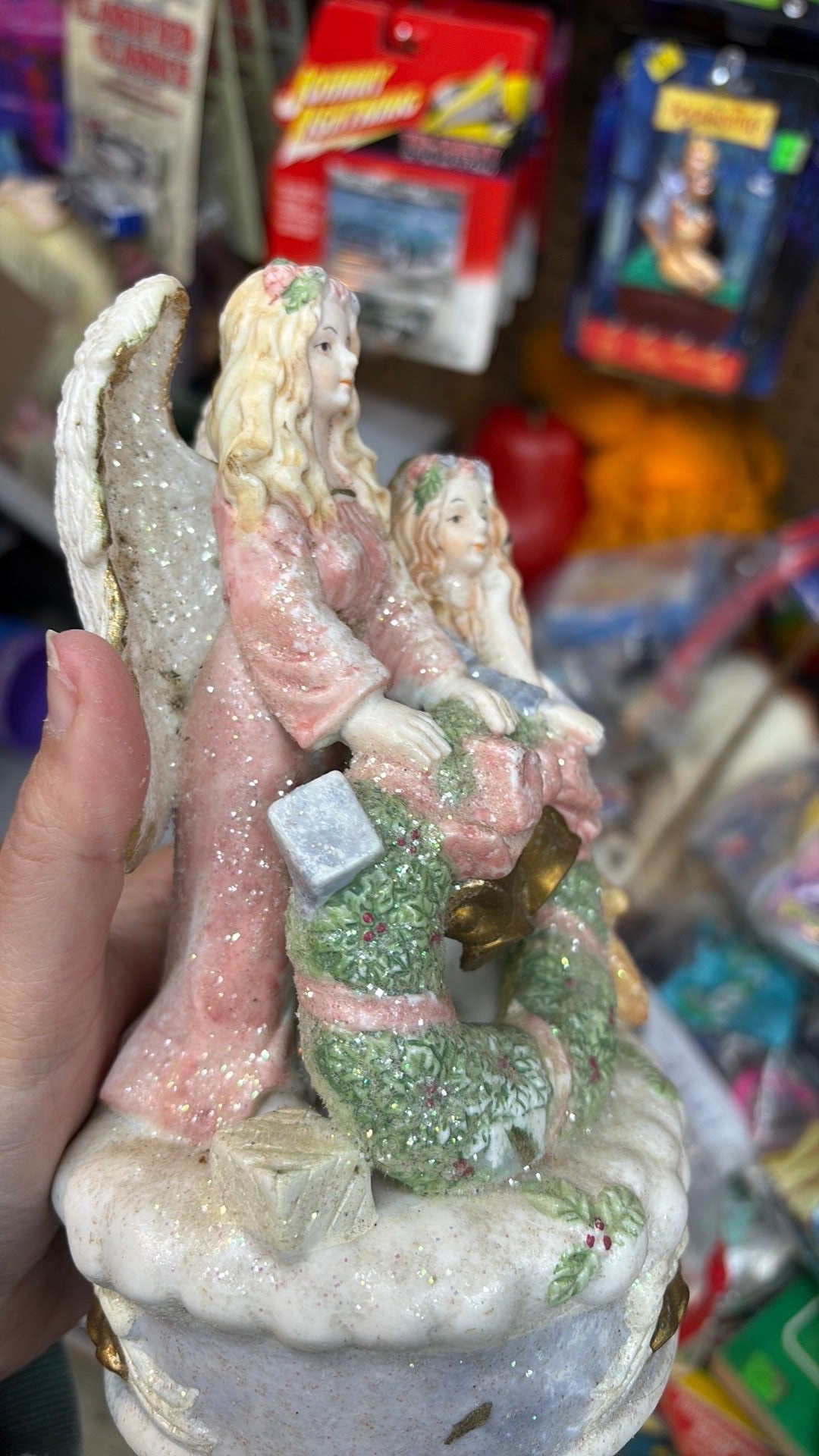 Ceramic Christmas Angels Music Box - Works - One angle has damage