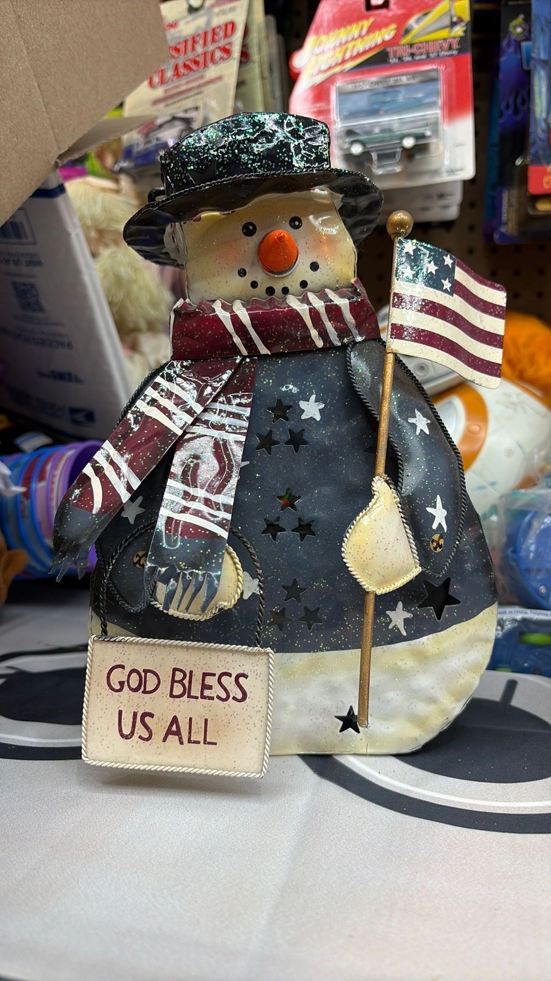 Tin Patriotic Snowman Tea Candle Lantern Holder 10" Christmas Holiday Decor