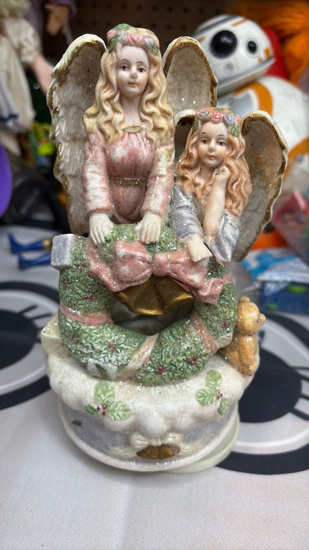 Ceramic Christmas Angels Music Box - Works - One angle has damage