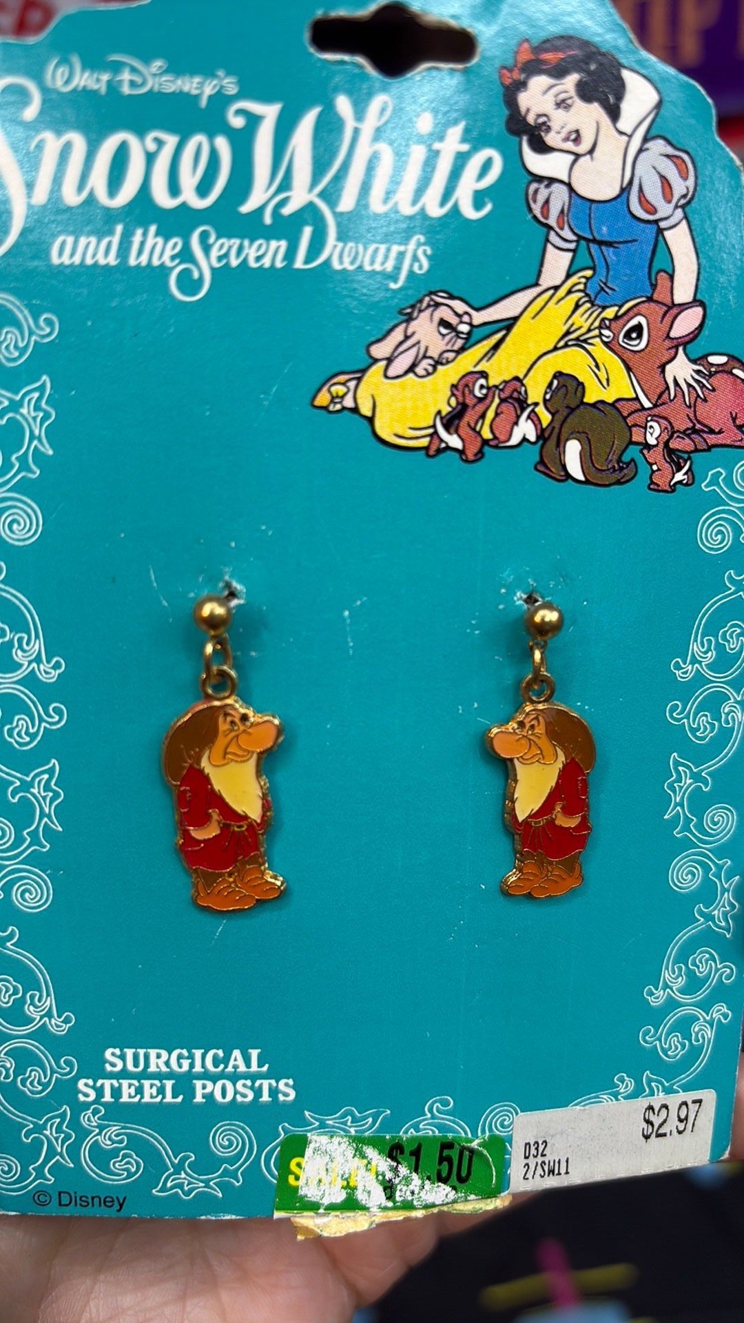Vintage Snow White & the 7 Dwarfs Earrings rare  - Grumpy