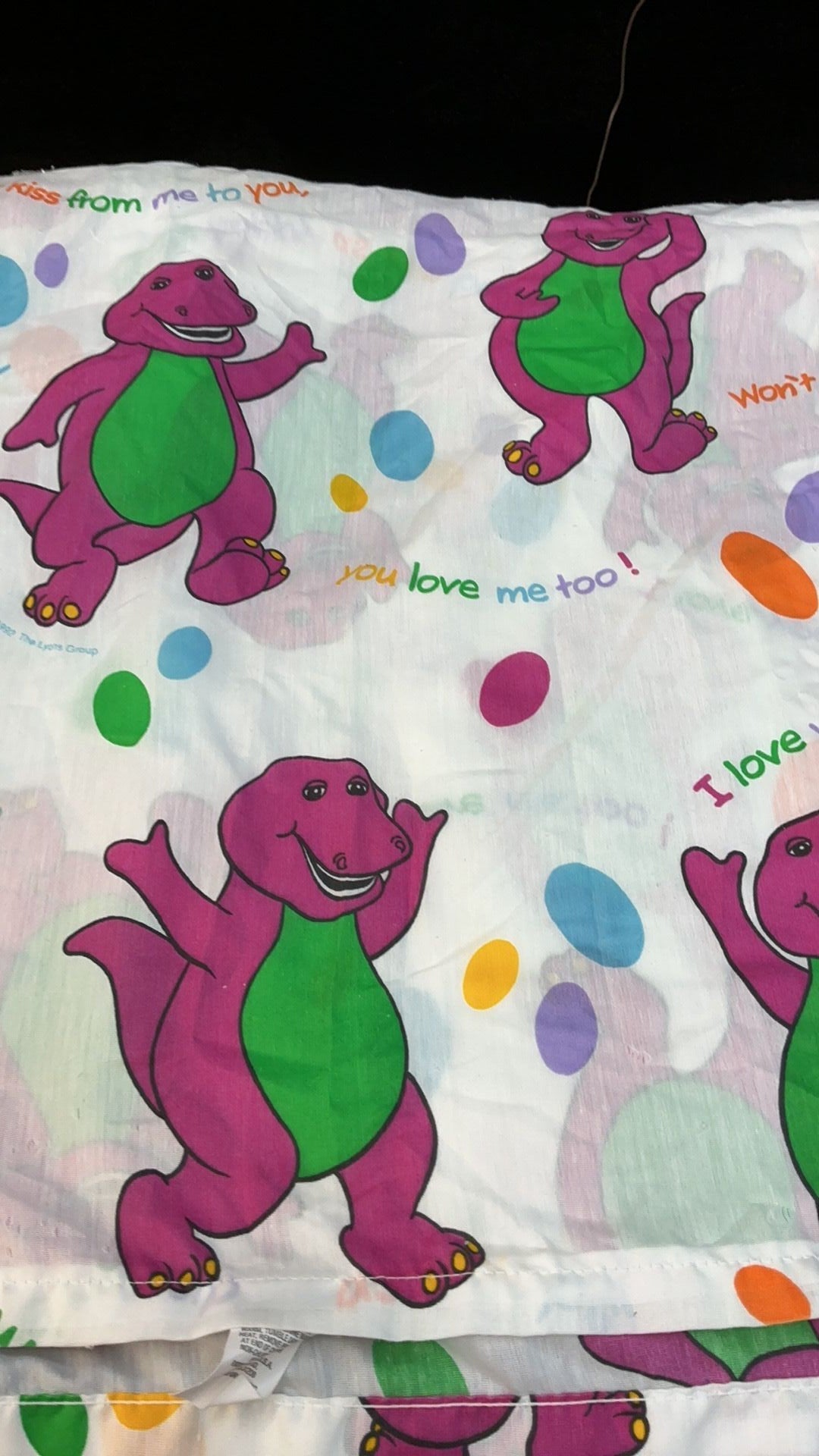 11D- Vintage BARNEY Twin Flat Sheet Purple Dinosaur Bedding 1992 Used