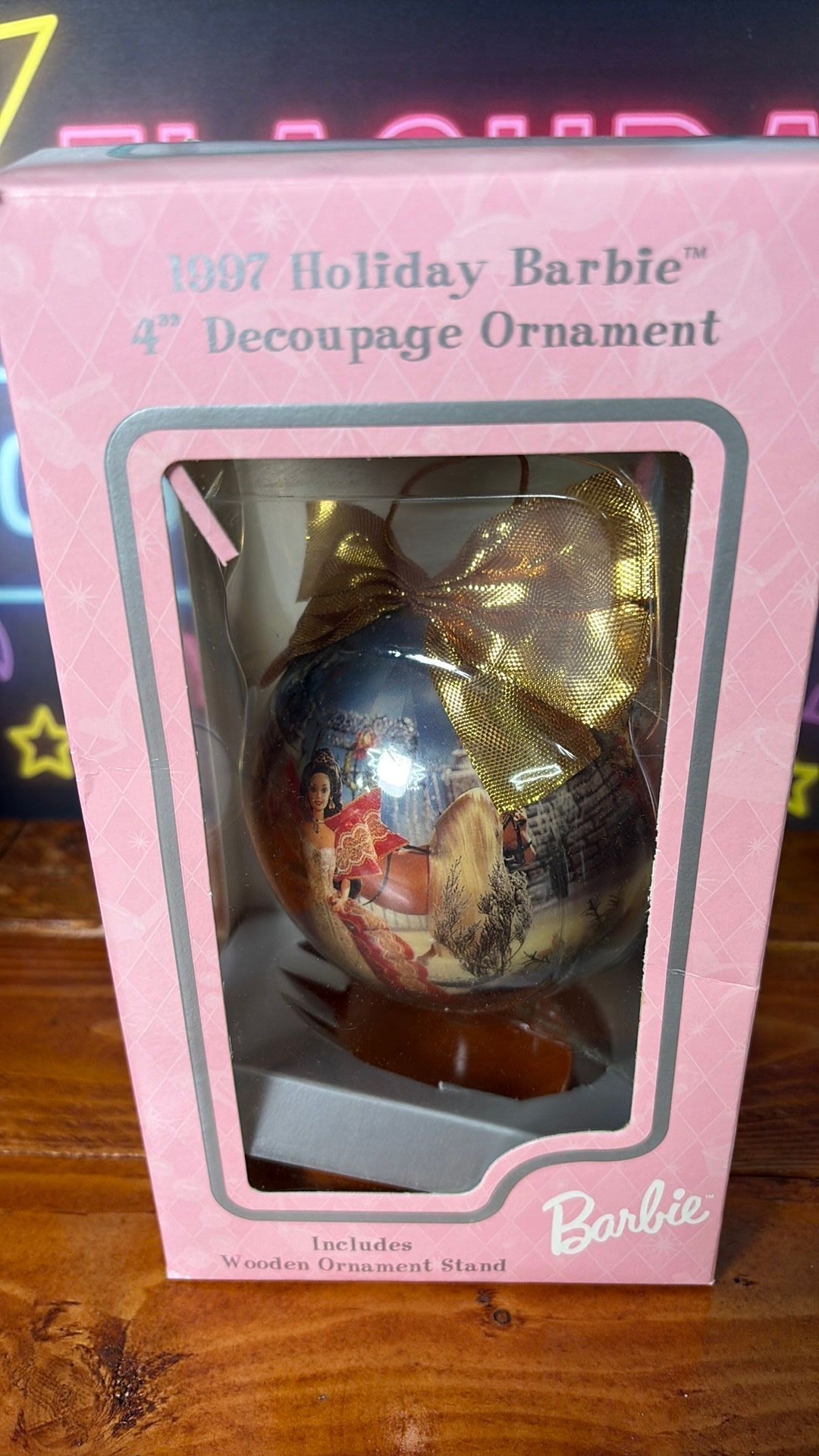 14B- 1997 Holiday Barbie 4" Decoupage Ornament with wooden stand
