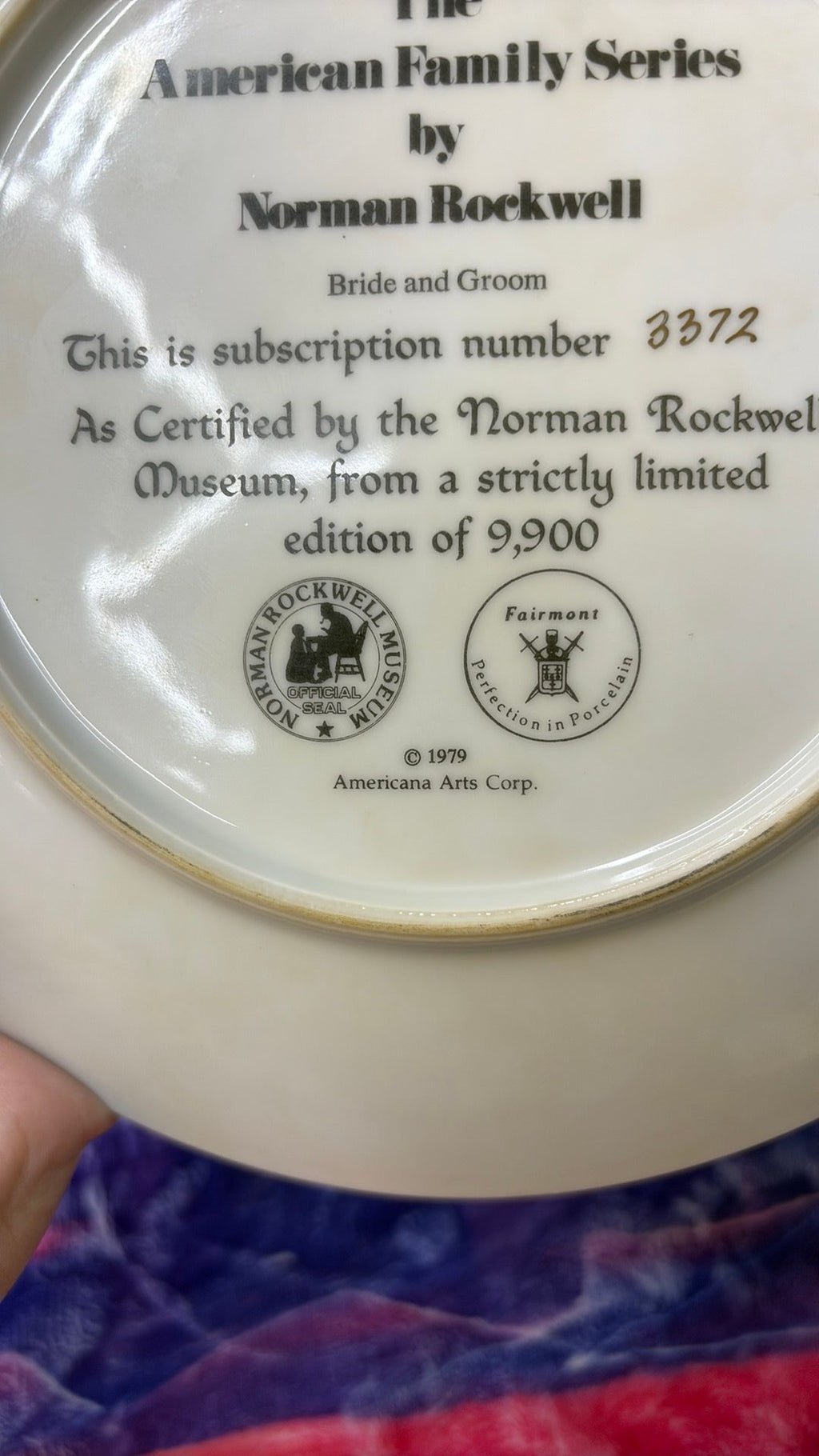 11B- 1979 Vtg. Norman Rockwell "Bride and Groom" collector plate, American Family Series,