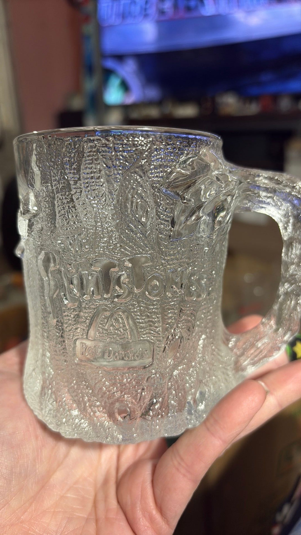 McDonalds Flintstones Treemendous Glass Mug Cup Clear Frosted RocDonalds 1993 - 3B