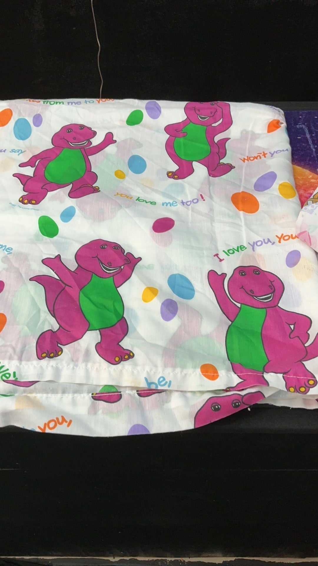 11D- Vintage BARNEY Twin Flat Sheet Purple Dinosaur Bedding 1992 Used