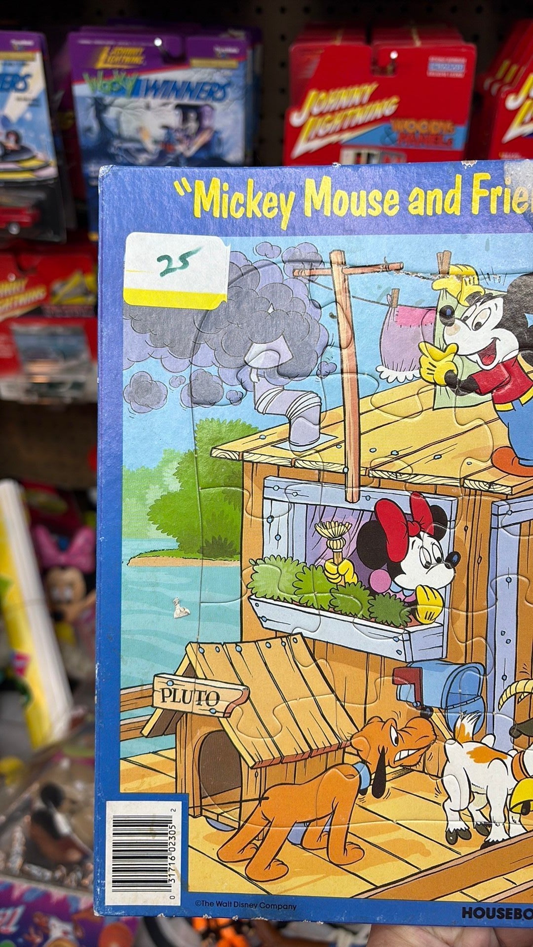 3C - Vintage Disney Jaymar Inlaid Tray Puzzle Mickey Mouse and Friends Fishing 2303 - has a sticker on it