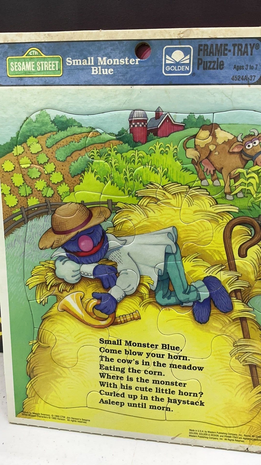 4B- 1993 Golden Frame Tray Puzzle Sesame Street SMALL MONSTER BLUE Complete