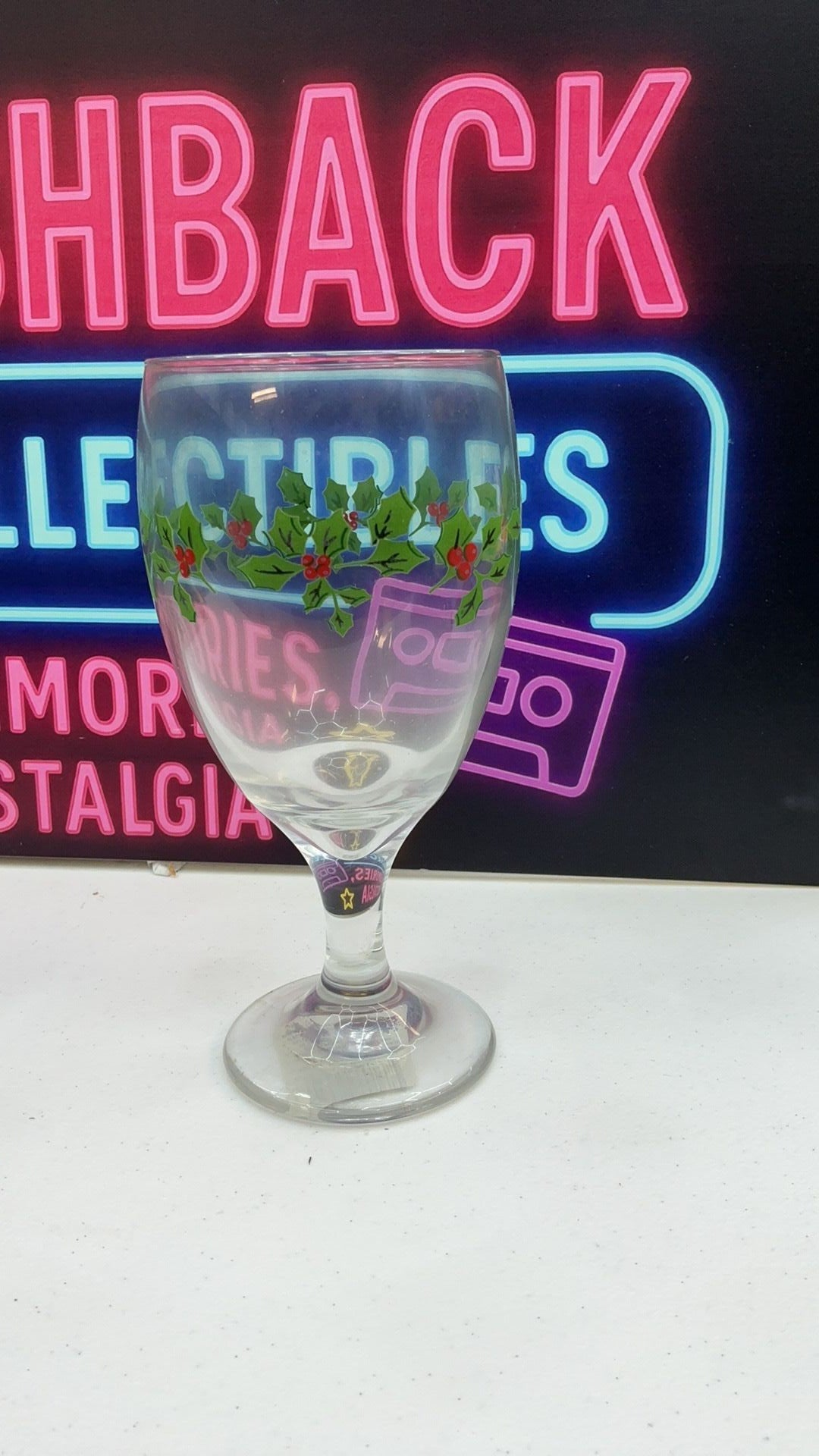11C- Vintage MCM Christmas Glass Goblet- Holly & Berries- Pontil ~ 7" Tall 3 1/4" DIA