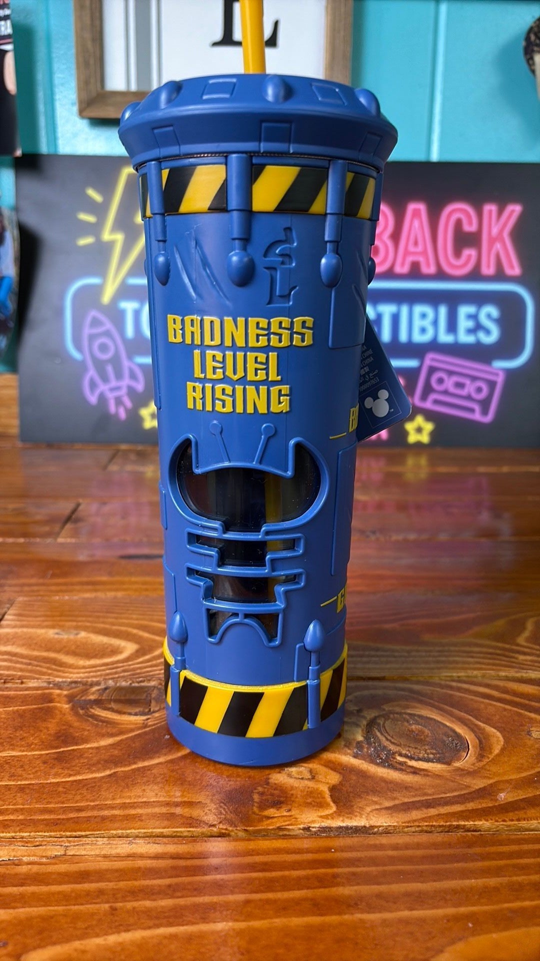 6B- Disney Stitch Blue Plastic Tumbler Bottle Cup w/ Straw "Badness Level Rising" new with tag