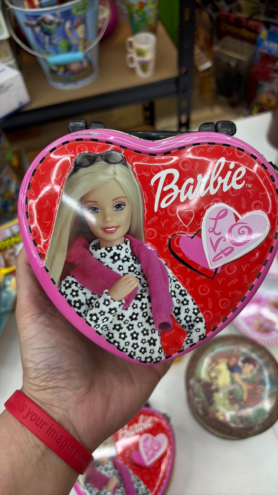 14C1- Vintage Barbie Heart Shape Candy Tin Purse Lunchbox w/Handle Frankford 2000