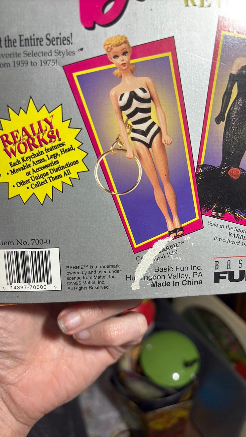 PR2- 1995 Barbie Brunette Keychain 1959 Swimsuit Doll Miniature Basic Fun #700-0 NIB