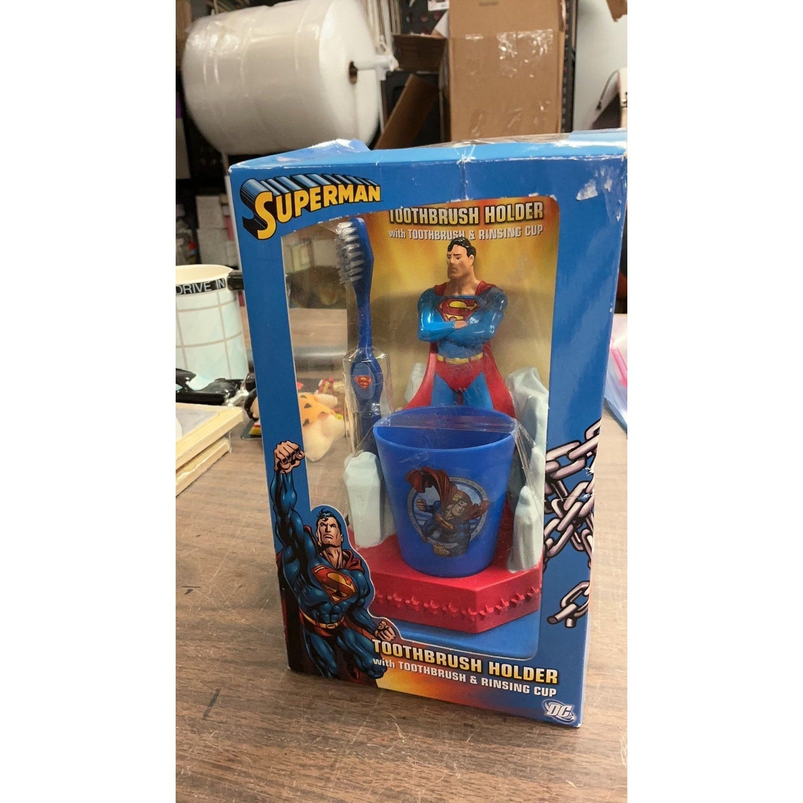 RARE Superman Toothbrush Holder, Toothbrush, and Rinse Cup. Damaged Box